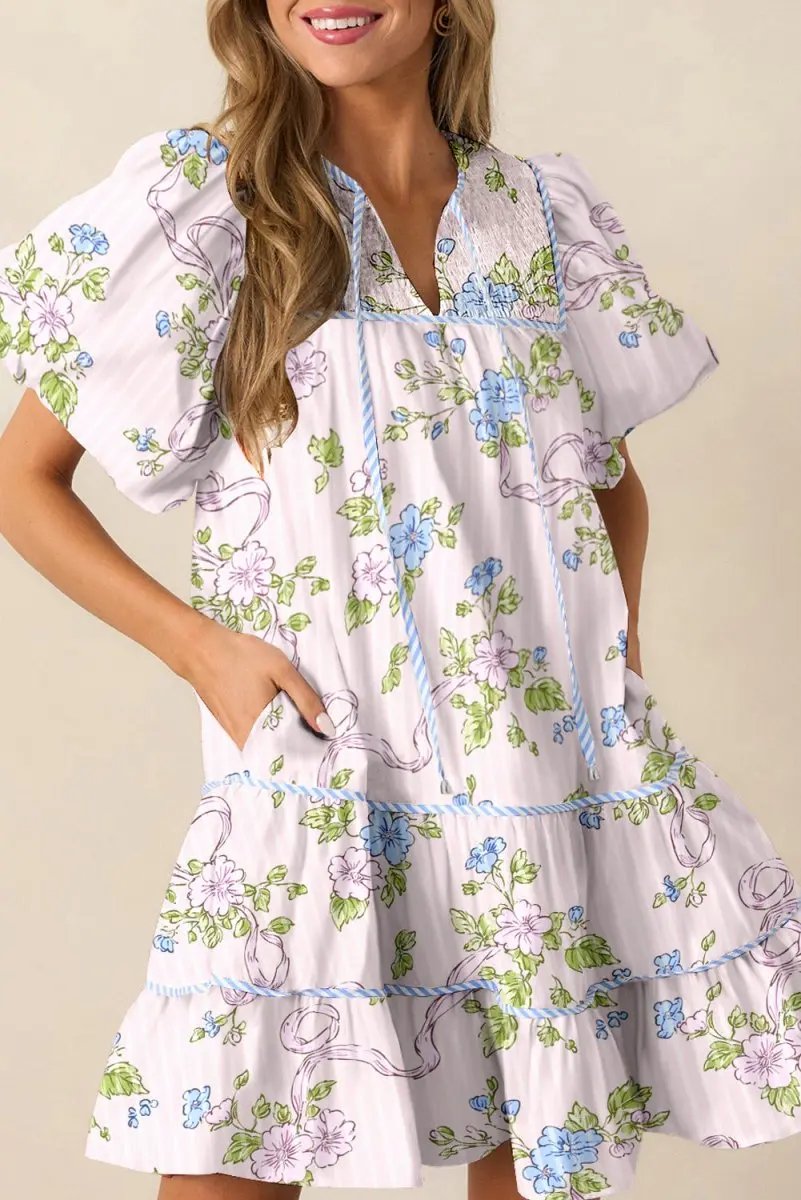 Pink Floral Striped Print Contrast Trim Tie Split Neck Mini Dress - Love Salve